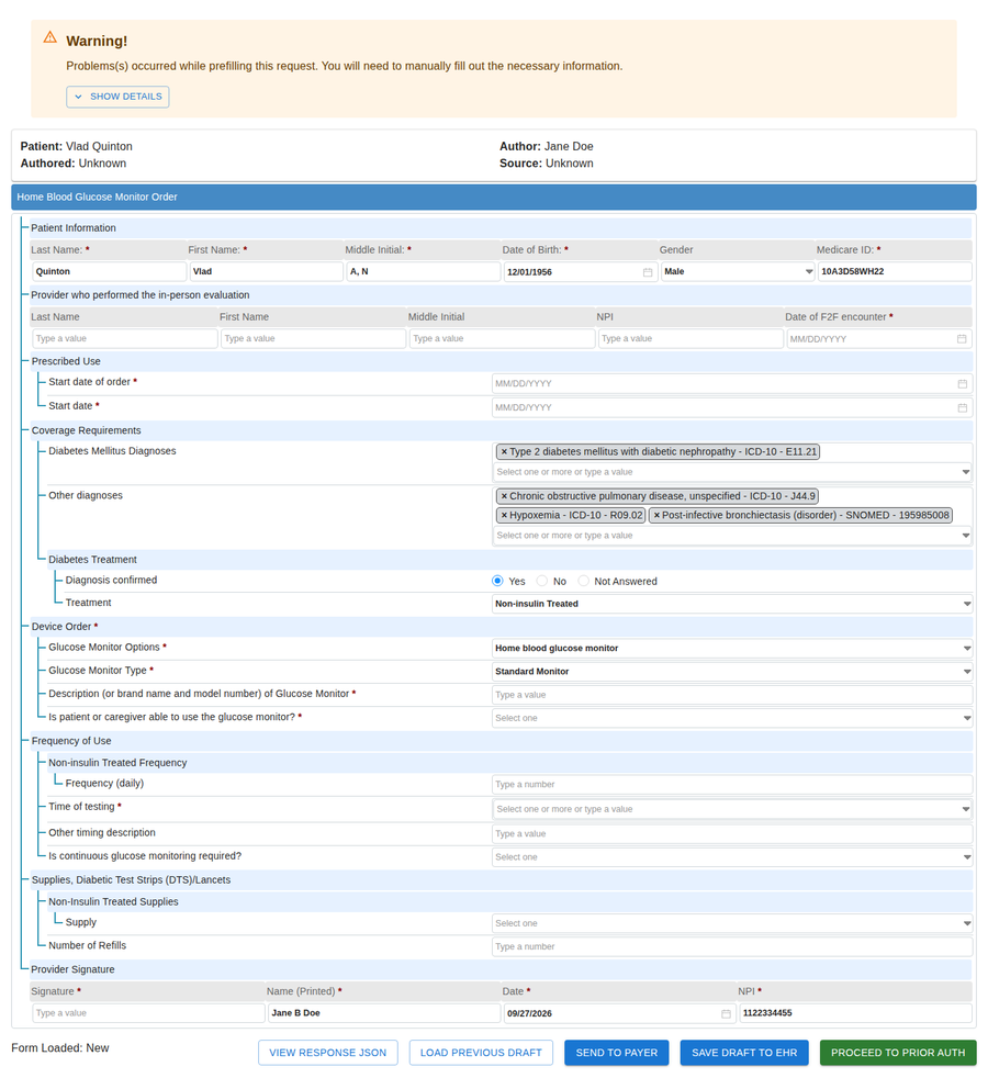 Frame 4 — The payer's form in DTR, with approved value-set answer lists loaded
