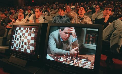Kasparov, head in hand, at the board against Deep Blue