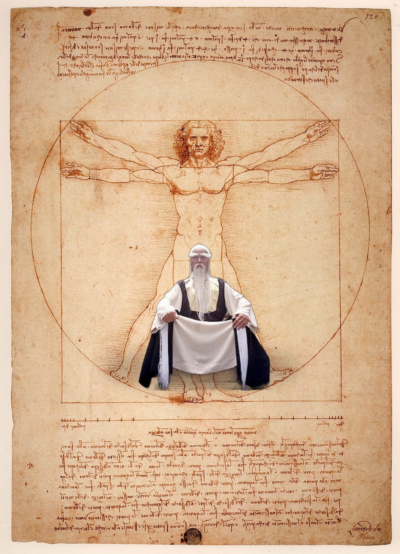 the graybeard’s keyboard cut out and laid transparent on Leonardo’s Vitruvian Man sheet